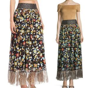 Alice + Olivia Floral Maxi Skirt with Fringe